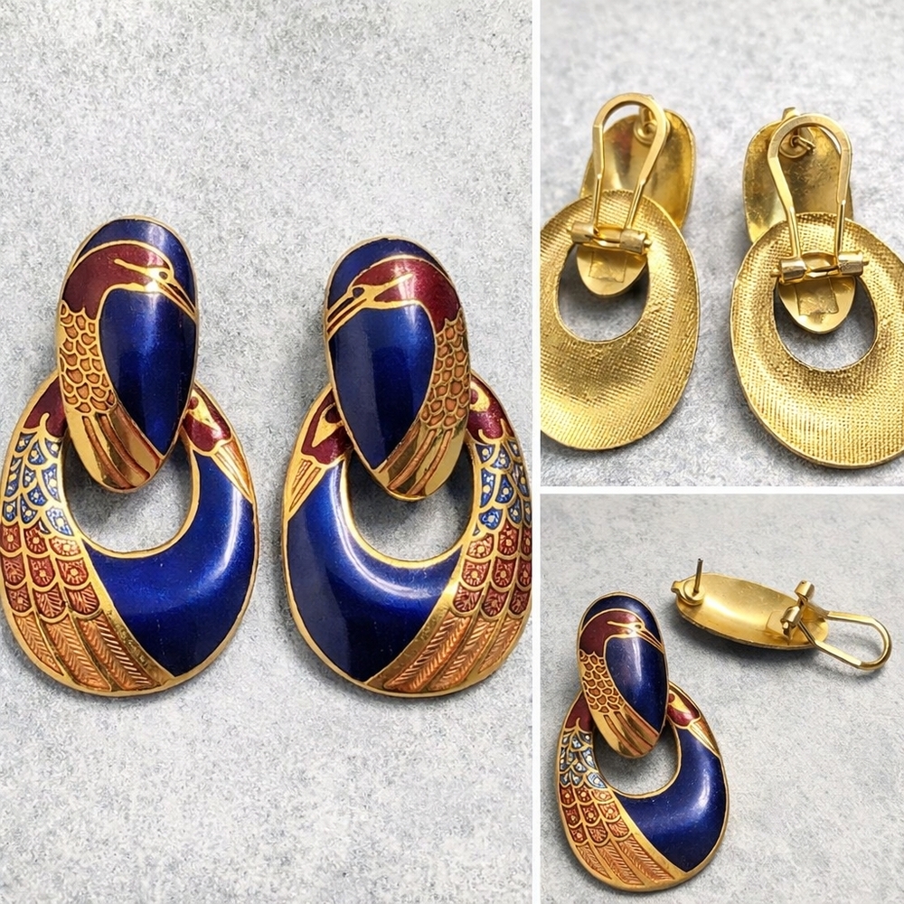 🐦 Vintage Cloisonné Enamel Crane Statement Earrings | 1970s Asian Motif - Picture 6 of 6